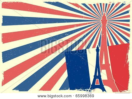detailed illustration of the Eiffel Tower in front of a grungy patriotic backbround, eps 10 vector