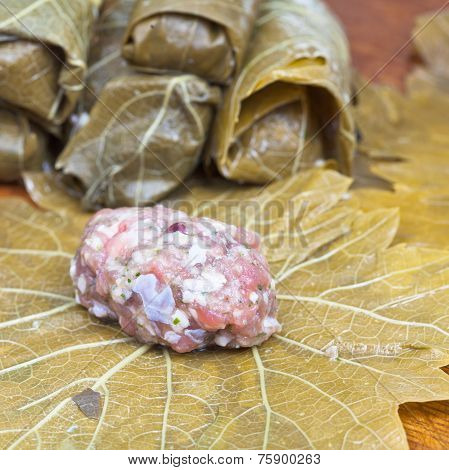 Preparing Of Dolma From Vine Leaves, Mince, Rice