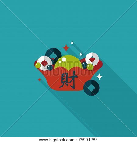 Chinese New Year Flat Icon With Long Shadow,eps10, Gold Ingot With Chinese Words Means 