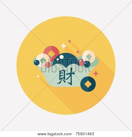 Chinese New Year Flat Icon With Long Shadow,eps10, Gold Ingot With Chinese Words Means 