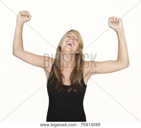 Woman Cheering With Arms In The Air