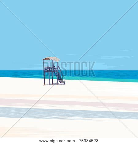 Lifeguard tower on a white sand beach