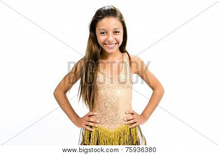 Teenger smiling in golden dress