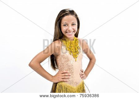 Teenger smiling in golden dress