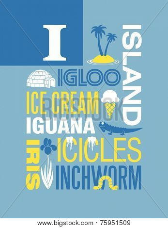 Letter I words typography illustration alphabet poster design