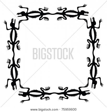 Black square frame with dragons or lizards, vector illustration