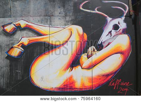 Mural art by Kaff-eine, street artist from Melbourne, at the Bushwick Collective in Brooklyn