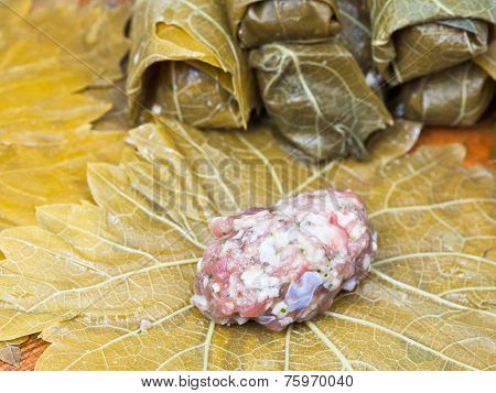 Cooking Of Dolma From Vine Leaves, Mince And Rice