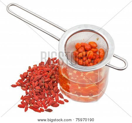 Strainer In Goji Berries Infusion And Dried Fruits