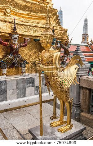 Golden Kinnari Statue At Temple,wat Phra Kaew In Grand Palace, Bangkok Thailand.