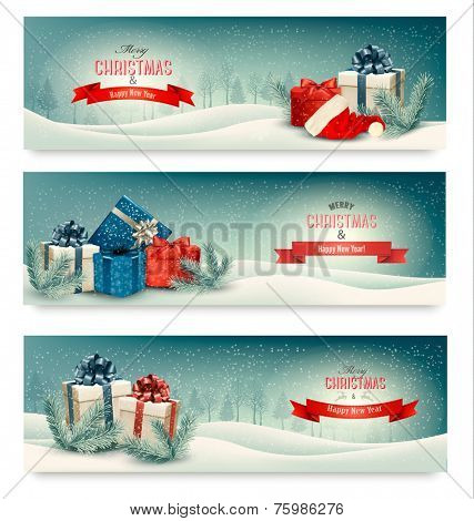 Three Christmas banners with presents. Vector.