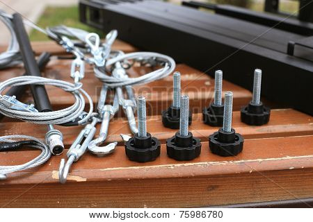 Bolts, Fastening, Rope Lying On A Wooden Bench