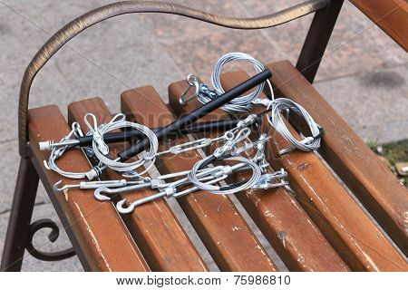 Hooks, Fastening, Rope Lying On A Wooden Bench