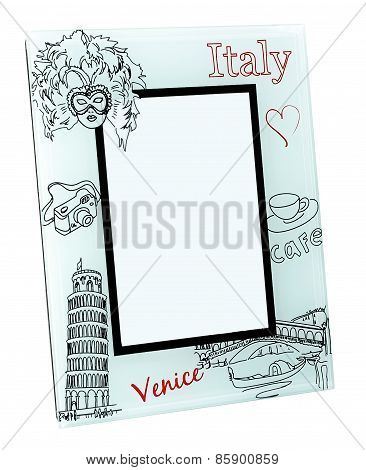 Beige photo frame with drawings and red words Italy, Venice. Isolated place for your picture