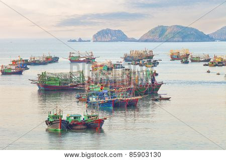 Dreamy seascape with authentic colourful boats