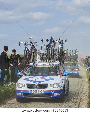 The Car Of Fdj.fr Team On The Roads Of Paris Roubaix Cycling Race