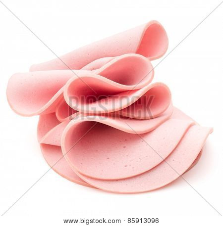 cooked boiled ham sausage or rolled bologna slices isolated on white background cutout