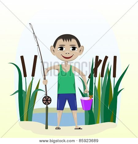 A boy with a fishing pole and fish