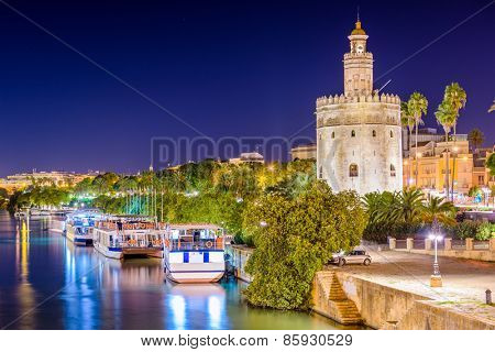 Seville, Spain at the Torro de Oro on the Guadalquivir River.