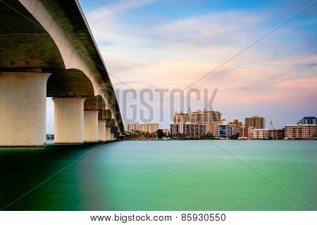 Sarasota, Florida, USA town cityscape from Sarasota Bay.