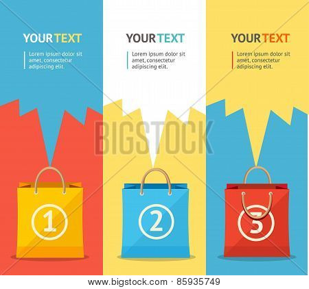 Vector paper bag sale card, option banner. Flat Design