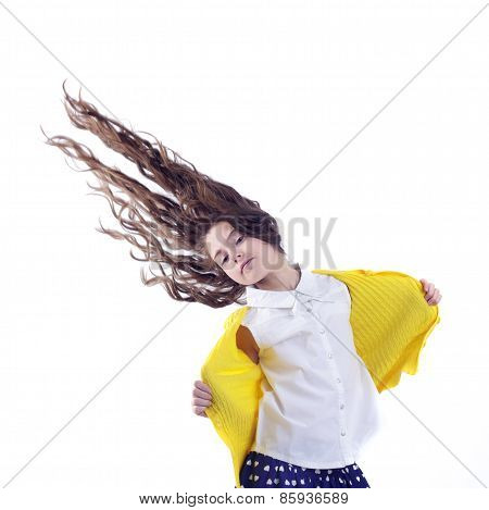 Portrait of girl with long hair on white background