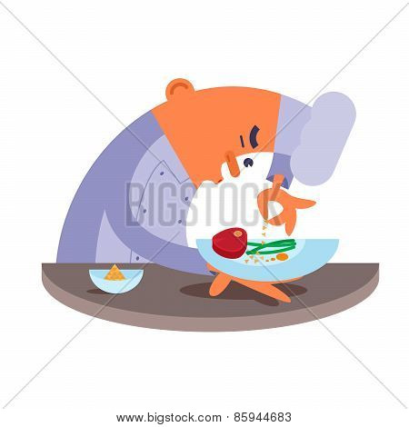 Cartoon chef carefully prepares steak