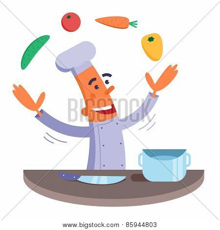Cartoon chef juggles vegetables