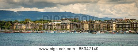Geneve, Switzerland - 11 May 2014: panoramic  view of the modern embankment and the center of Geneva, Switzerland