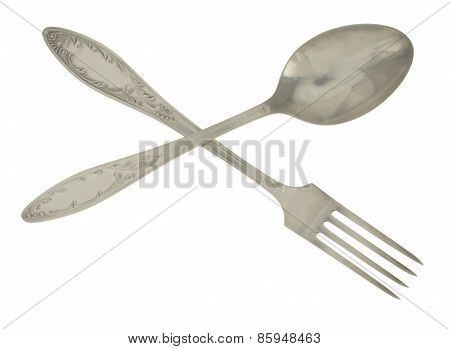 Cupronickel Tablespoon And Fork Isolated On White Background.