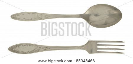 Cupronickel Tablespoon And Fork Isolated On White Background.
