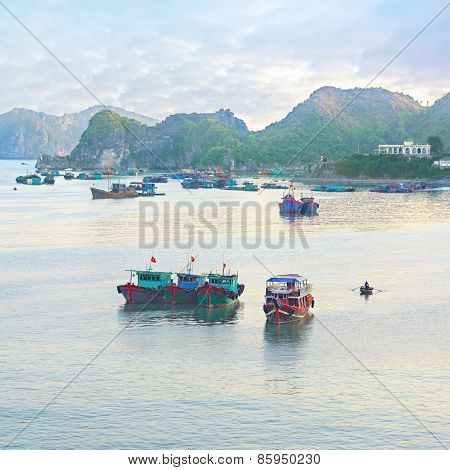 Dreamy seascape with authentic colourful boats