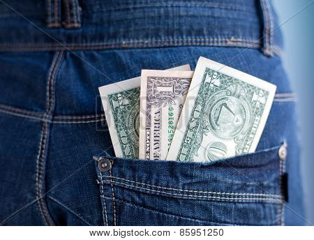 One Dollars Banknotes In A Pocket Of Jeans