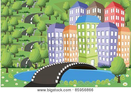 Ilustration of a little town in a calm and tranquil environment