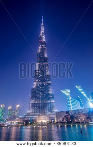 DUBAI, UAE - AUGUST 6: Burj Khalifa on August 6, 2014 in Dubai, UAE. Burj Khalifa at 828 metres is a tallest building in the world. In Downtown Dubai.