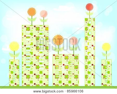 Card with colorful flowers and green buildings with pattern, blue background