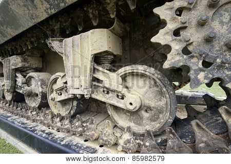 Close-up of tracks of a M10 tank in Overlord Museum Omaha Beach, Normandy, France.