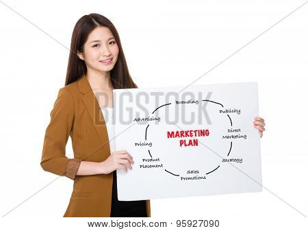 Businesswoman hold with palcard and presenting marketing planning