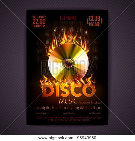 Disco Poster. Fire Hard Rock Background. Burning Disck Or Record