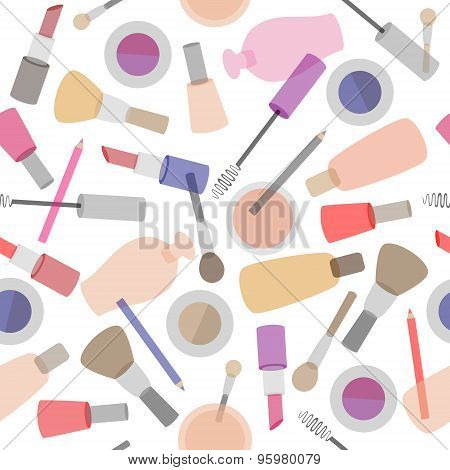 Decorative Cosmetics Seamless Pattern On White Background. Beauty Products.
