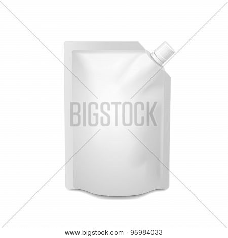 White blank doy-pack, doypack foil food or drink bag packaging with corner spout lid. Vector