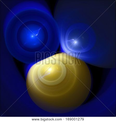 Three gelatinous globe shapes colliding in space.
