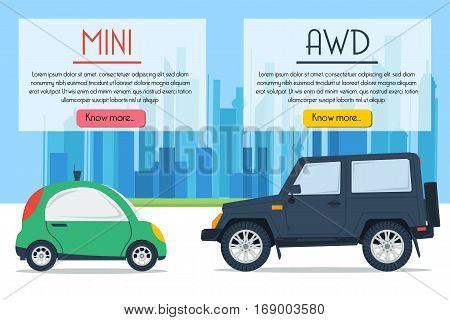 Vector banner of two cars - small mini and huge all wheel drive on city background in flat style with text blocks. Drive comparison