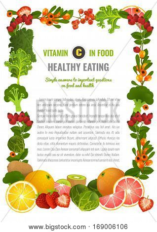 Vitamin C food sources. Healthy eating graphic concept with vector illustrations and copyspace. Useful for health magazines, culinary web sites and restaurant menus. Diet and organic template.