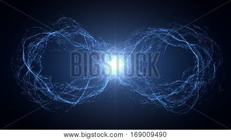 endless loop of moving energy particles. infinity symbol with energy trails. blue version.
