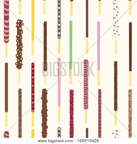 Pocky pepero stick seamless pattern. Stock vector illustration of popular asian sweet snack biscuit of different taste