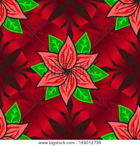 Seamless pattern with red grdient petals flowers on black background. Vector illustration.
