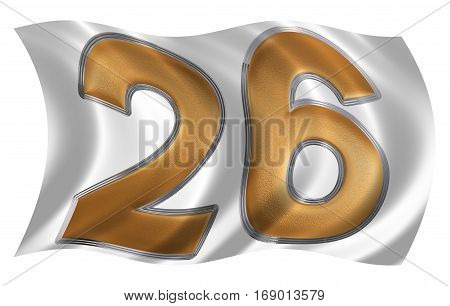 In The Wind Fluttering The Flag With Numeral 26, Twenty Six, Isolated On White Background, 3D Render