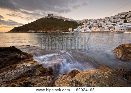 Old harbour, chora and the castle on Astypalea island.