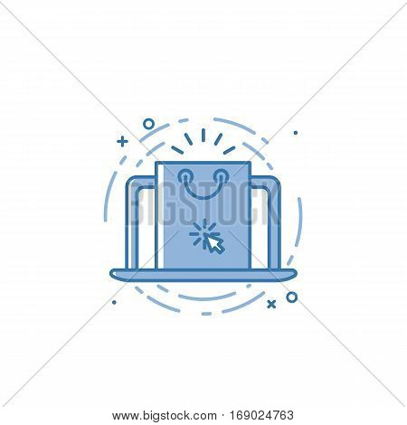 Vector illustration of flat bold line laptop and package icon. Graphic design concept of online shopping. Use in Web Project and Applications. Blue outline isolated object.